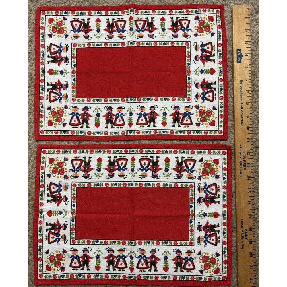 Vintage Folk Art Cotton Placemats Pair Dutch Scandinavian 100% Baumwolle